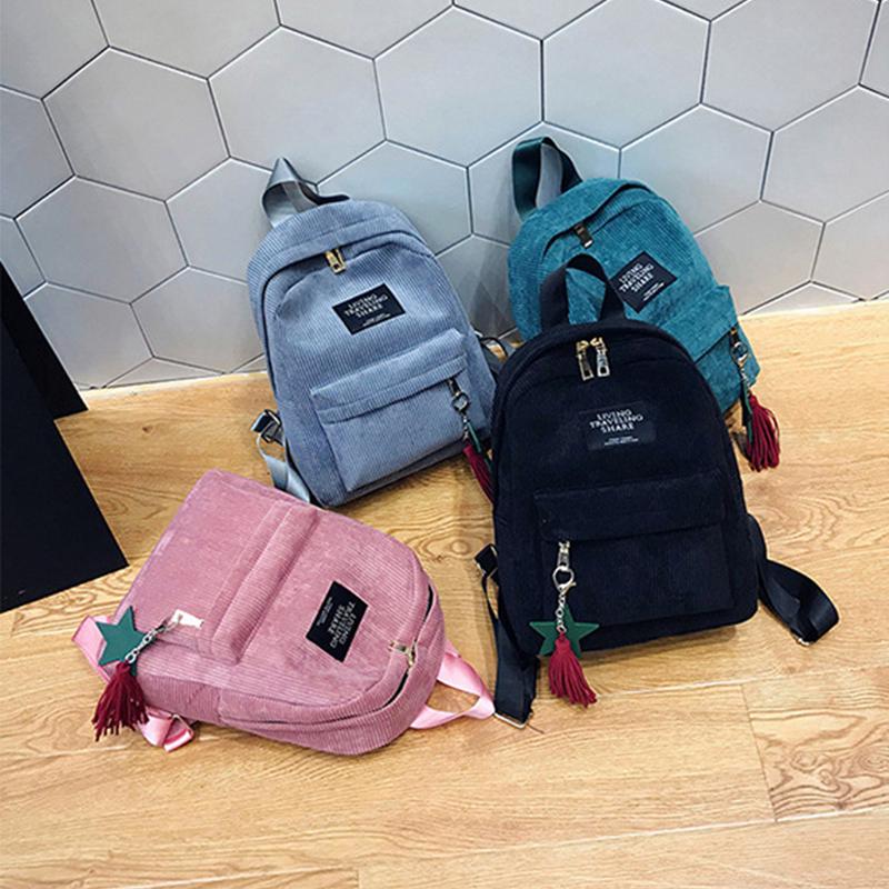 Corduroy Backpack for Women Cute Tassel Student School Bag Casual Knapsack