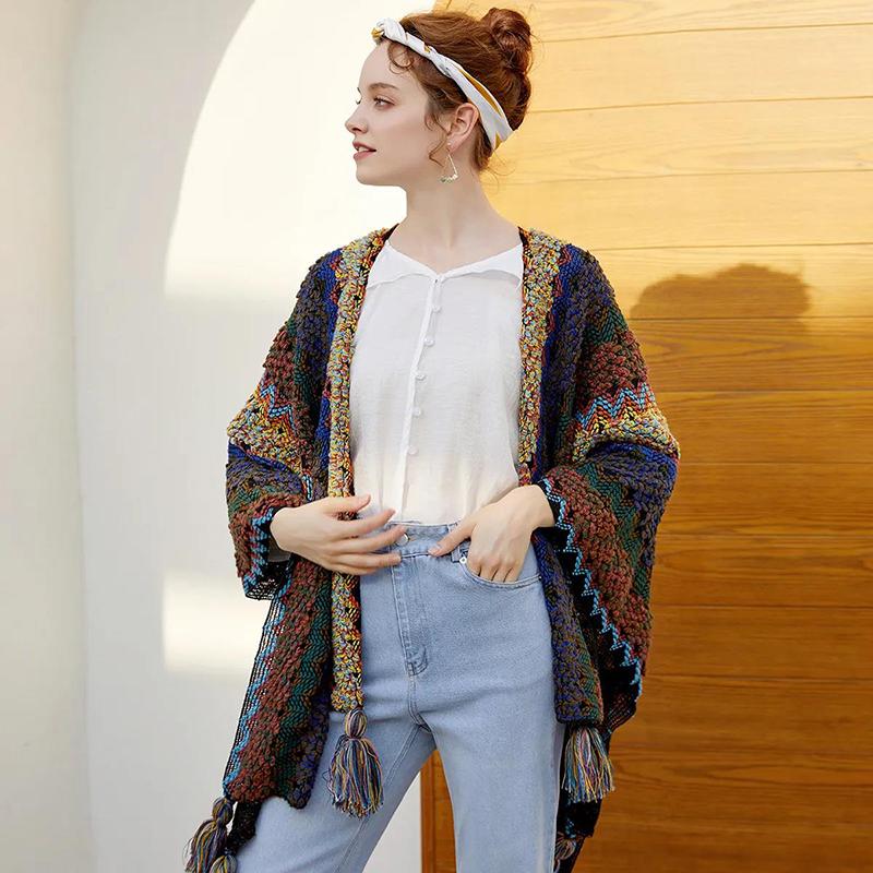 Ethnic Style Retro Literary Cloak Scarf Warm Women's Sweater Shawl Cloak Coat Tassel Jacquard Knitted Cardigan Women's Warm Shawl Coat