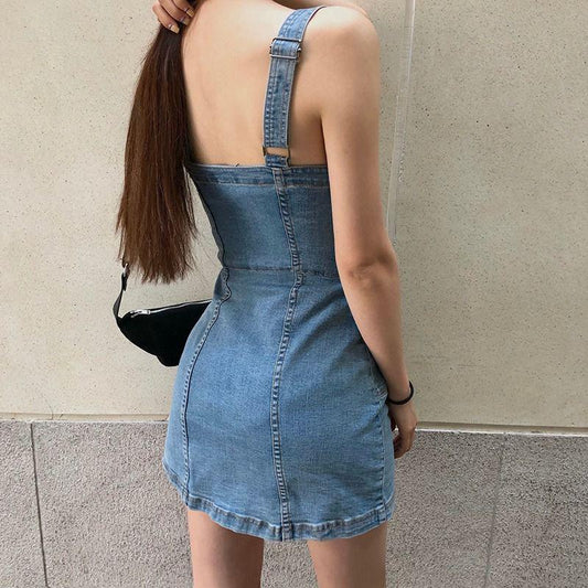 Woman Sexy Denim Strap Dress  Female Slim Package Hip Dress Summer Short Denim Dress Club Party