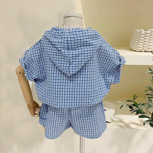 Boy's Summer Suit Two-piece Suit for Children Korean Version of Children's Cotton Plaid Hooded Two-piece Suit