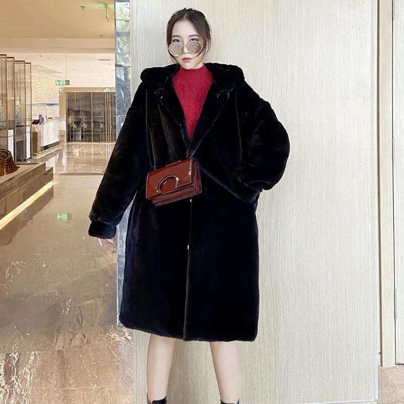 WTEMPO Winter Imitation Mink Thick Fur Fur Loose Coat Mid-length Hooded Women