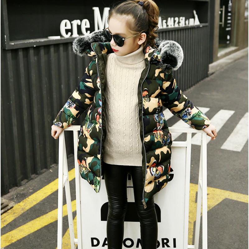 Winter Girls Camouflage Cotton Jacket Children Plus Velvet Thick Butterfly Print Hooded Winter Mid-length Warm Down Jackets