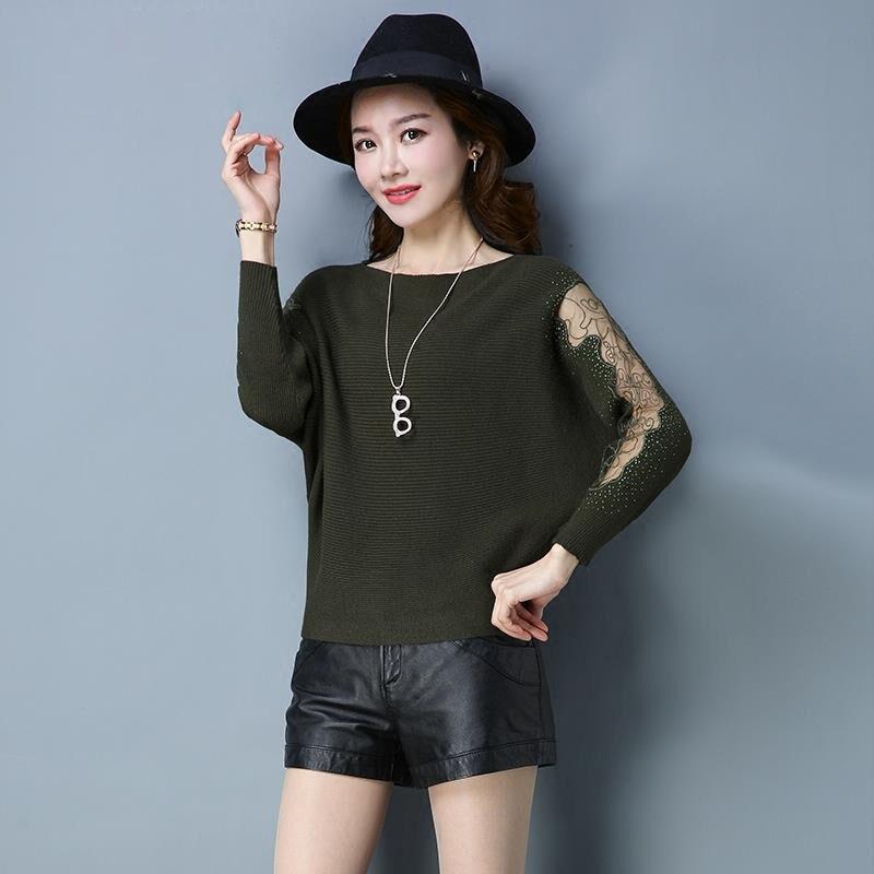 One Word Neck Short Knitwear Mesh Sleeve Spring and Autumn Sweater Women Loose Knit Bottoming Shirt