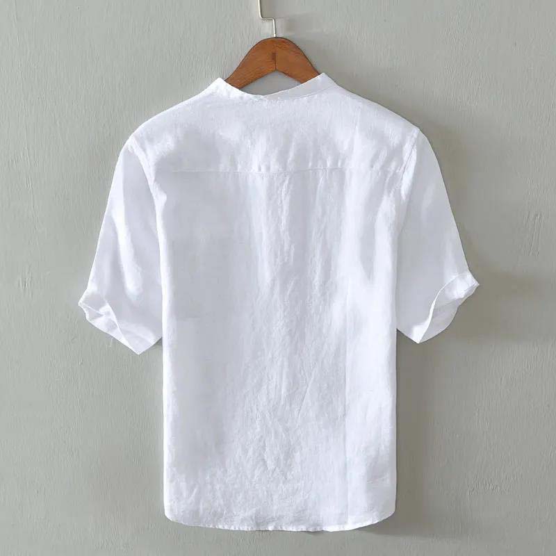 Cotton and Linen Stand-collar Short-sleeved Shirt Summer Men's Loose Thin Casual Retro Breathable Pullover Shirt