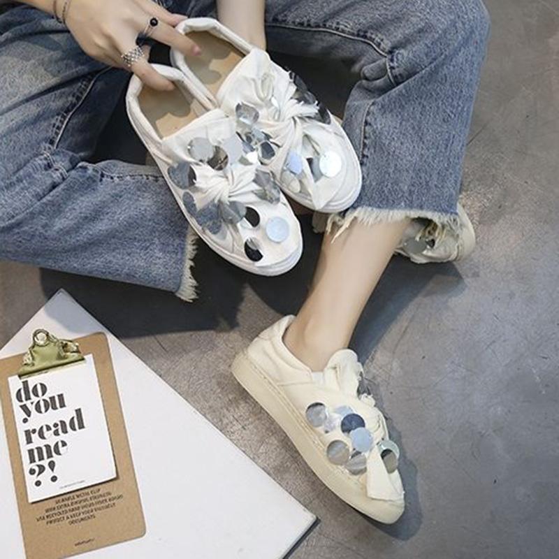 Women's Shoes Hong Kong Style Small White Shoes Women's Sequined Canvas All-match Flat Shoes