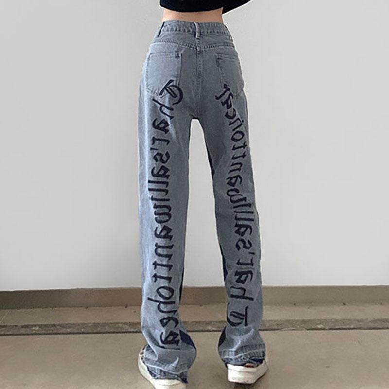 Letter Embroidery Straight-leg Jeans Women's High-waisted Thin Loose Wide-leg Jeans  Mopping Trousers