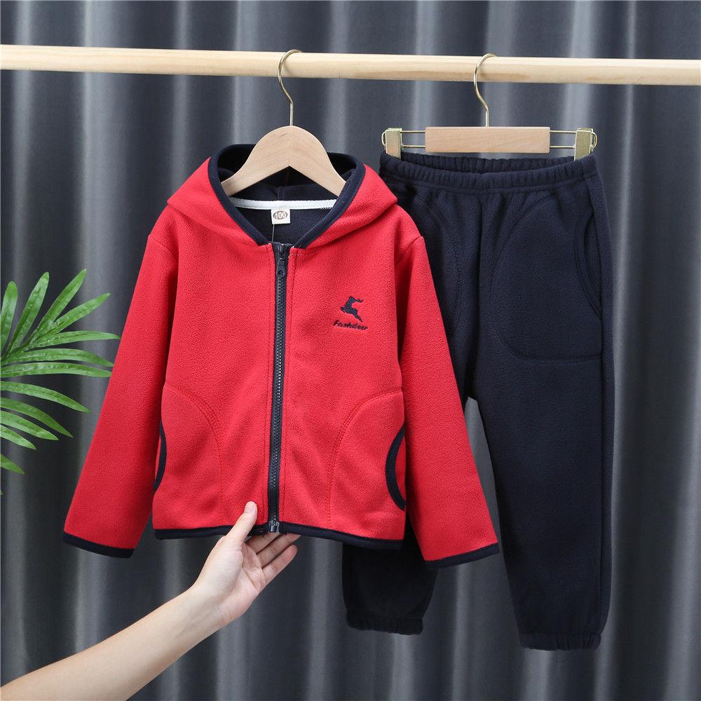 Children's Polar Fleece Suit Spring and Autumn Big Children's Fleece Warm Top Pants Two Boys and Girls Hooded Plus Fleece