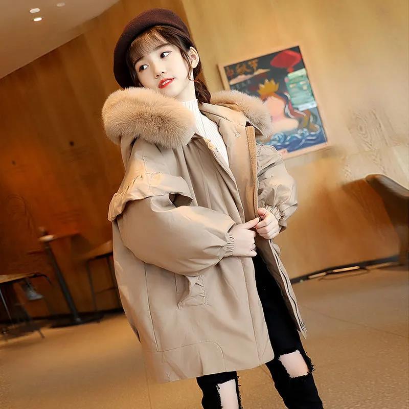 Girls' Fur Collar Cotton Clothes Winter Clothing Plus Velvet Children's Quilted Jacket Mid-length Coat To Keep Warm