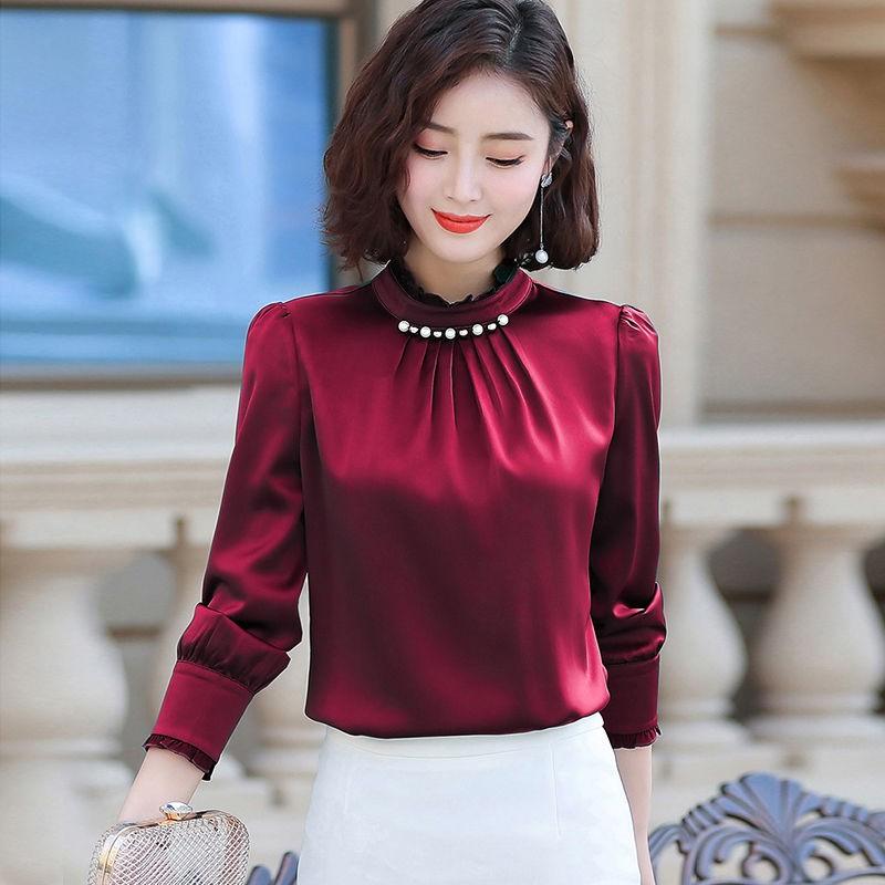 Women's Satin Long Sleeve Shirt Slim Top Workwear Loose Plus Size Shirt