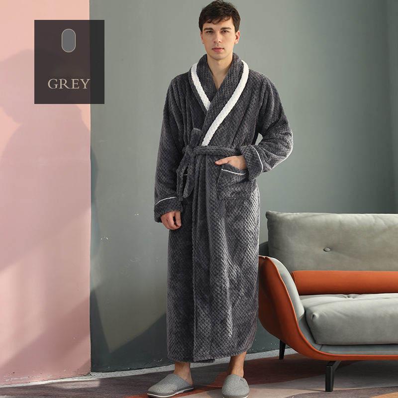 Autumn and Winter Flannel Nightgown Men's Flannel Lengthened Thick Bathrobe Men's Winter Coral Fleece Naked Pajamas