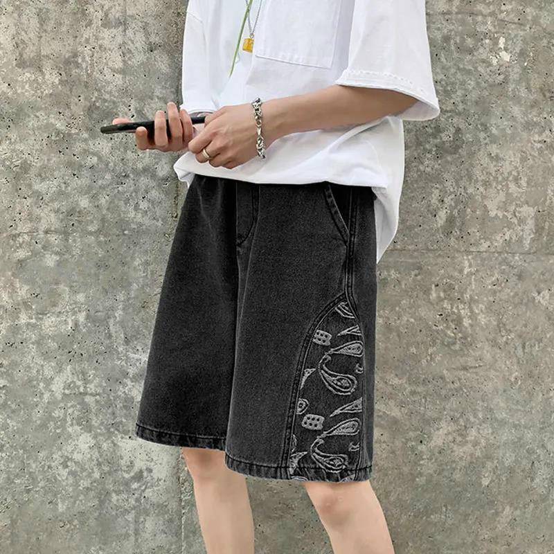 Cashew Flower Denim Shorts Men's Summer Thin Wide-leg Pants Wild Straight Loose Five-point Pants