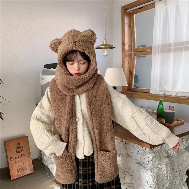 Women's All-match Cute Autumn and Winter Warm Hat Double-layer Thickening One-piece Three-purpose Hat Bear Ears Scarf Gloves Fleece Warm Caps Set