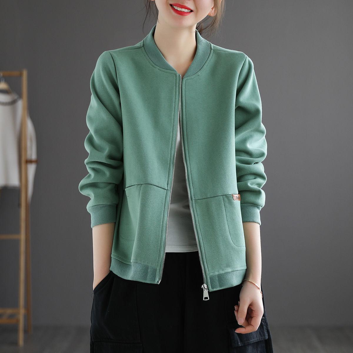 Women Jackets Retro Solid Ladies Zipper Up Bomber Outwear Spring Fall Long Sleeve Short Thin Slim Casual Pocket Biker Coats