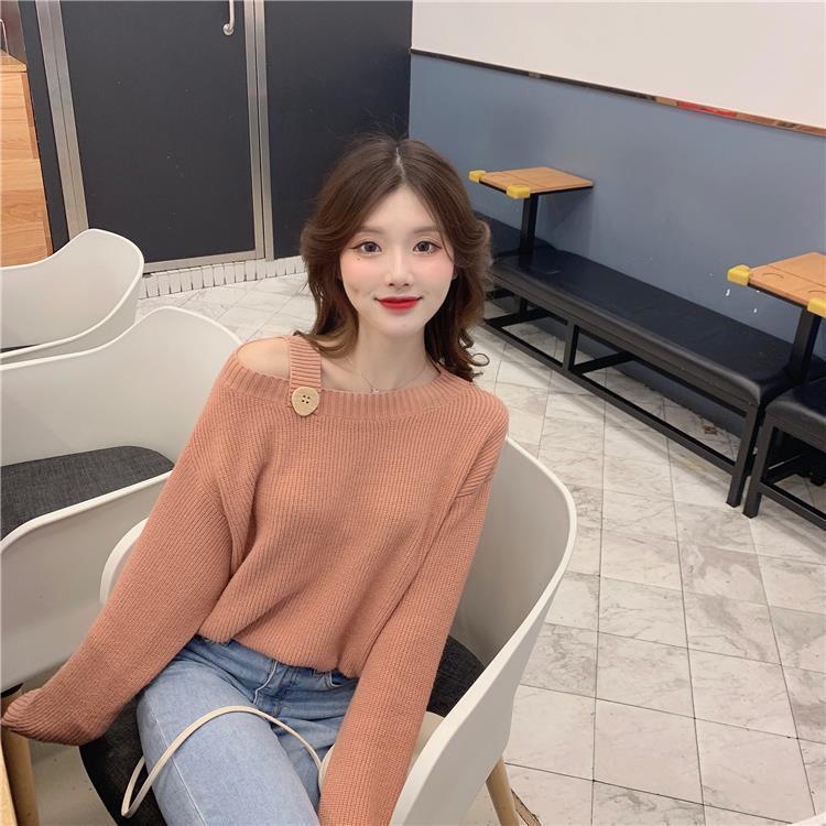 Autumn and Winter Loose Pullover Sweater Feminine Off-shoulder Long-sleeved Knitted Solid Color Warm Bottoming Top