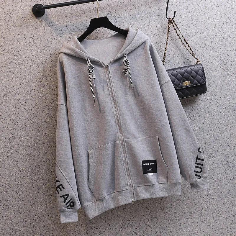 Women's Hooded Zipper Cardigan Spring/Summer Loose Thin Jacket Korean Style Student Versatile Grey High Street Couple Wear Sweater Casual Slim Coat