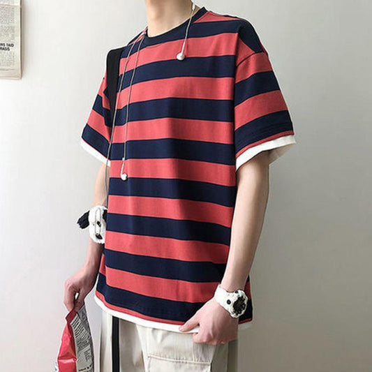 Five-point T-shirt Male Korean Version of The Youth Loose Boy Short-sleeved Trend Clothes Student Summer Striped Half-sleeved T-shirt