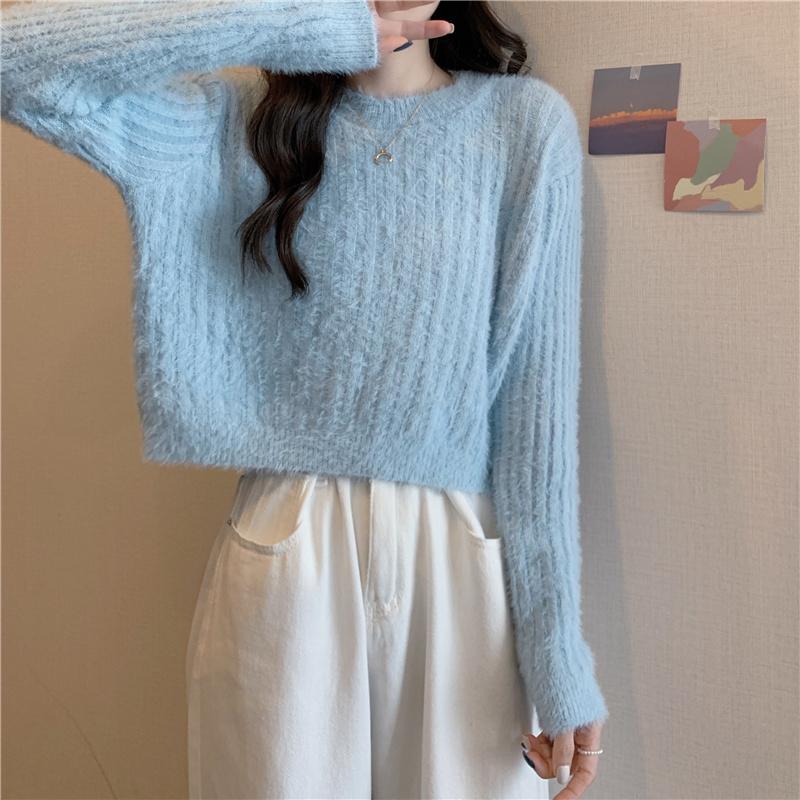 Pink Sweater Women Knitted Pullover Sweater O Neck Long Sleeve Loose Casual Jumper Furry Fall Winter Women Sweater Cropped Tops Short Clothes