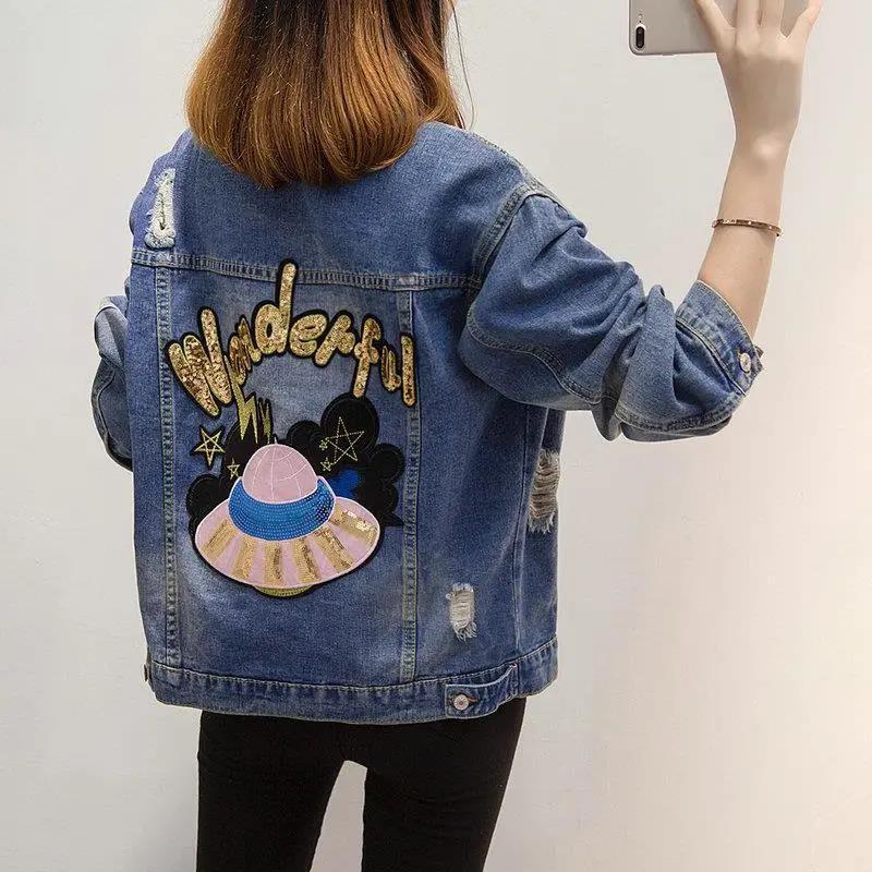 Plus Size 200 Jin Women's Spring and Autumn Style Fat Women Loose Western Style Denim Jacket Top