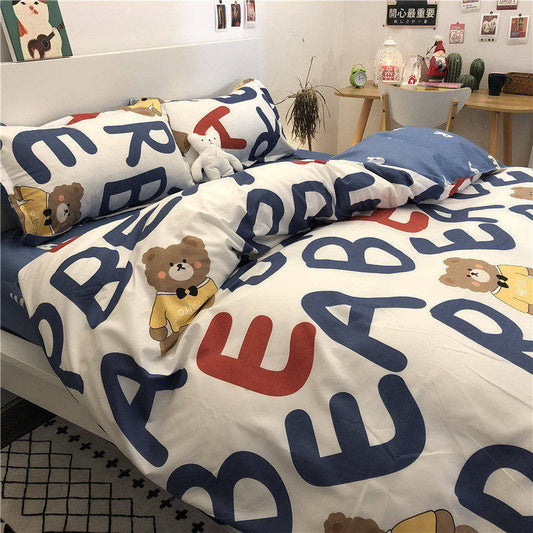 Nordic Feng Shui Washed Cotton Four-piece Bedding Sheet Three-piece Set Simple Trend Student Single Duvet Cover Dormitory