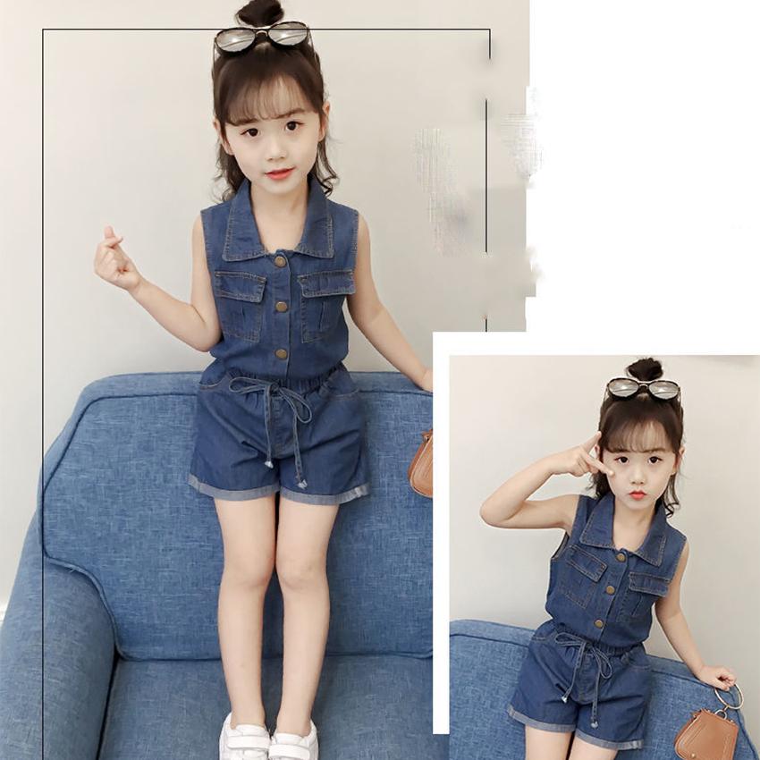 Girls Clothing Sets Summer Denim Short T-shirt+Pants Korean Style Single Breasted 2Pcs for Kids Baby Suit Cowboy Suit