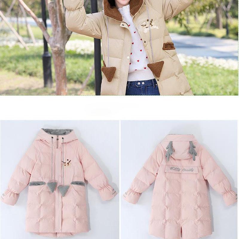 Girls' Cotton Jacket Mid-length Korean Thick Winter Hooded Padded Jacket Windproof and Warm Top