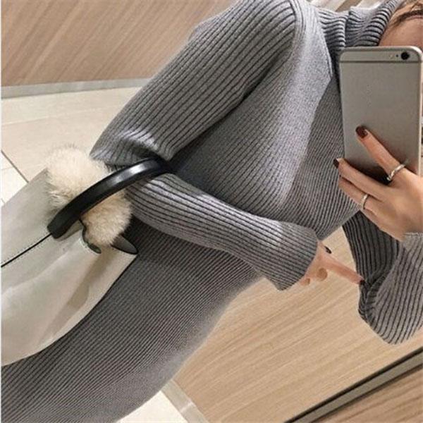 Knitted Long-sleeved Mid-length Top Autumn and Winter High-necked Thick Sweater Over-the-knee Slim Women's Base Skirt