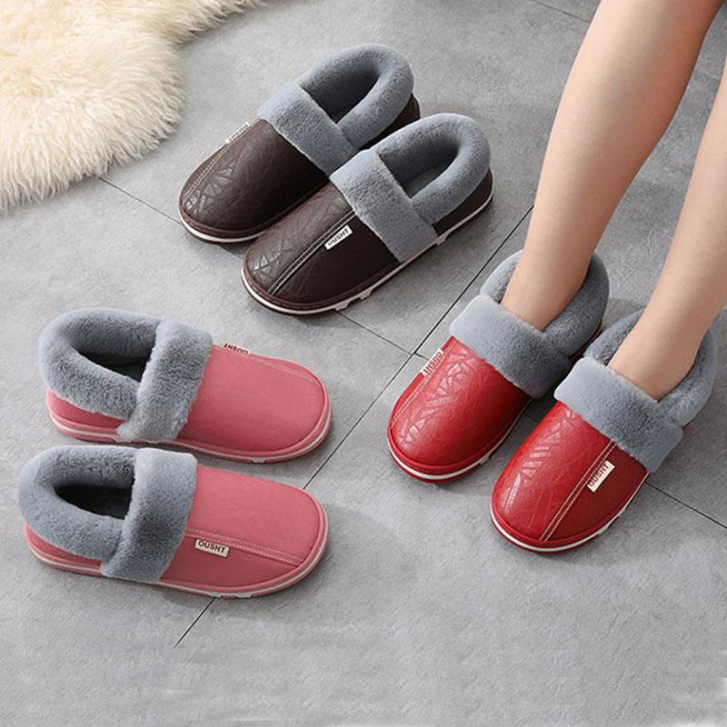 Bag Heel PU Leather Waterproof Winter Cotton Slippers Women's Indoor Household Non-slip Home Warm Cotton Shoes