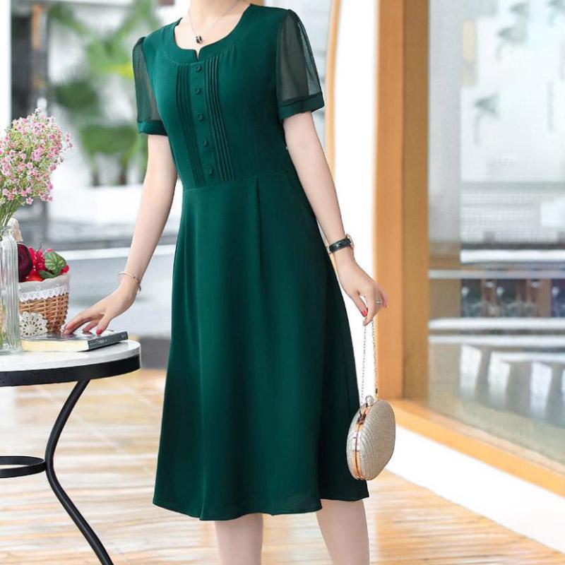 Solid Color Summer Dress Women V-neck Pocketed Short Sleeve A-line Dresses Holiday High Waist Slim Party Dress Female