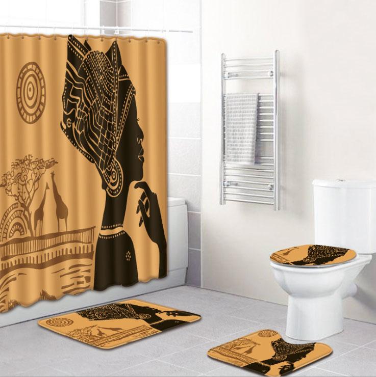 4PCS  Bathroom Non-slip Mat Set Durable Waterproof Shower Curtain Set Pedestal Rug Lid Toilet Cover Bath Mat Rugs