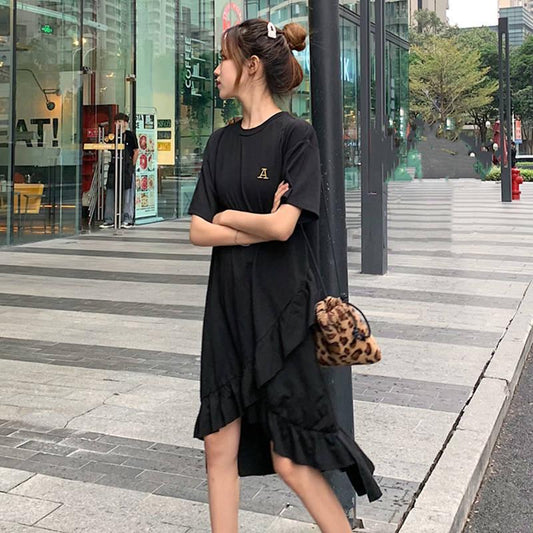 Loose Short-sleeve T-shirt  Calf-length Ruffles Dress Holiday Beach Asymmetrical Dress