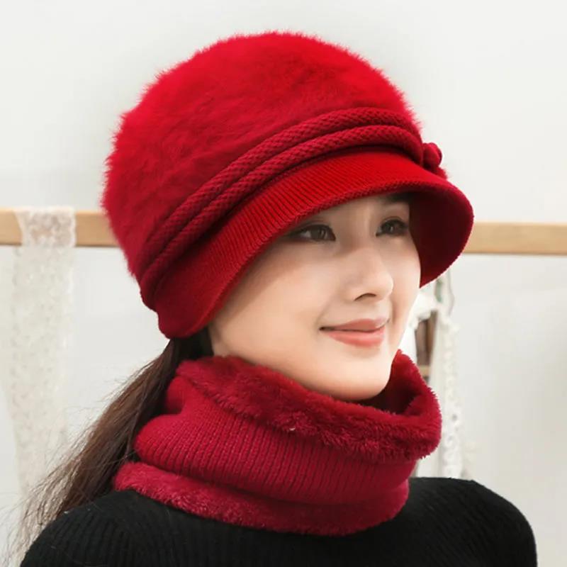 Two-piece Hat and Bib Women Winter Plus Velvet Thick Knitted Hat Rabbit Fur Duck Tongue Wool Hat