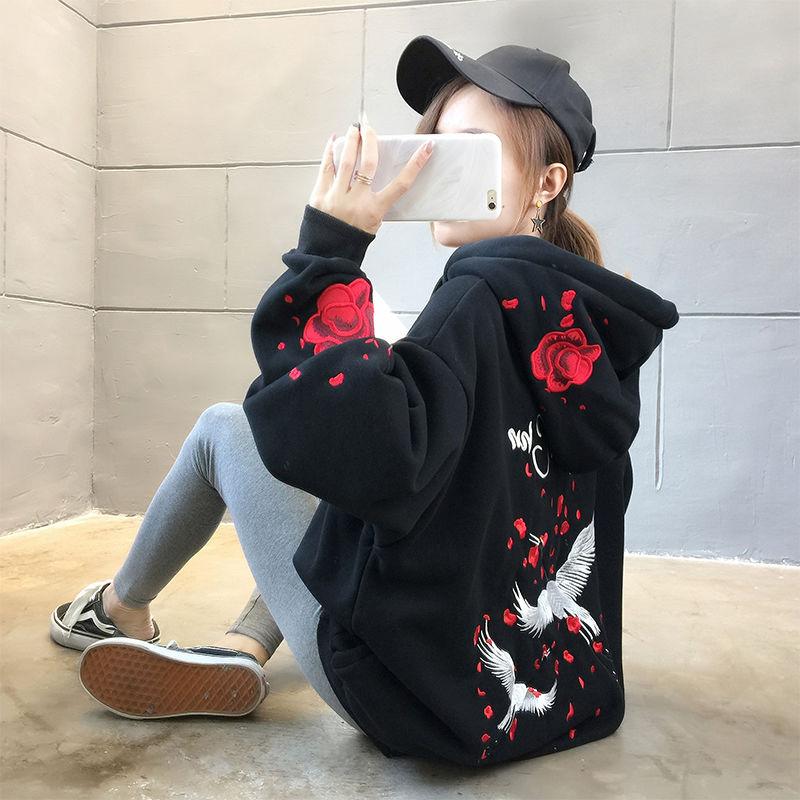 Crane Floral Embroidery Harajuku Hoodies Women Autumn Winter Thick Fleece White Black Hooded Pullover Tops Oversized Streetwear Hip Hop Sweatshirts