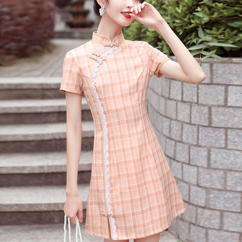 Pink Cheongsam Can Be Worn Daily In Summer Young Girl Sweet Plaid Modified Version Dress