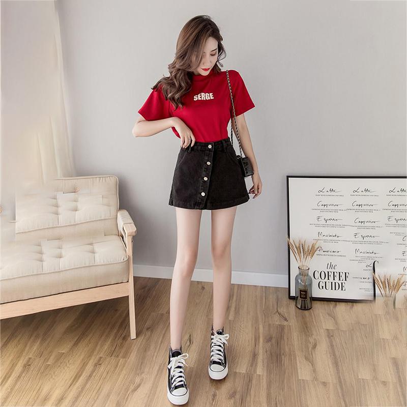 WTEMPO Denim Shorts Skirt Women Jeans Elastic Waist Loose Wide Leg A-line Office Club Casual Party Dates Vocation