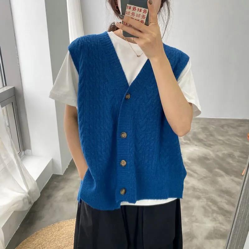 Sleeveless Knitted Vest Cardigan Women Retro Outer Wear Vest with Loose V-neck Sweater Vest Solid Color Simple Sweater Jacket