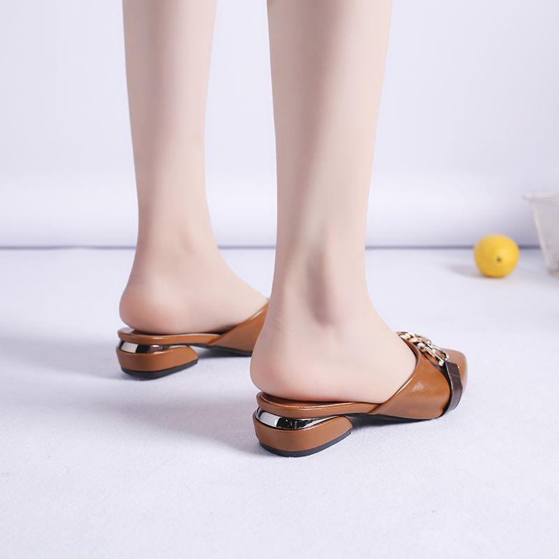 Plus Size Women Slippers Outdoor High Heels Non-slip Office Lady Pointed Toe Leather Sandals