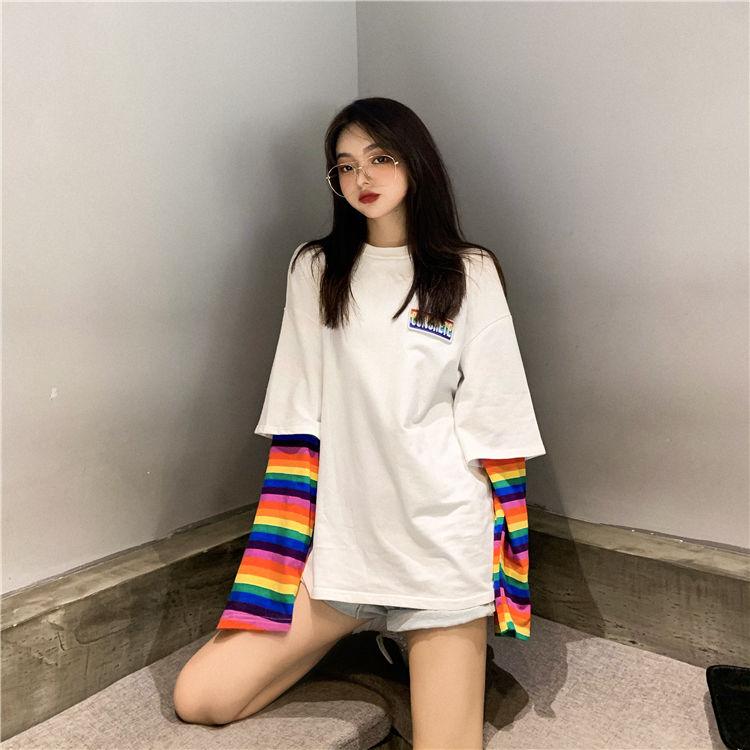 Spring Autumn Women Harajuku Long Sleeve Rainbow O-Neck T-Shirts  Casual Striped Femme Black Tops Pullover