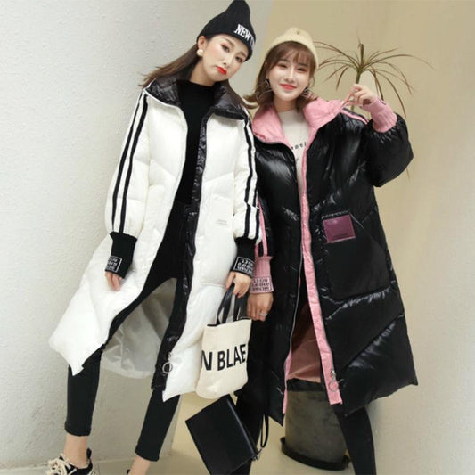 Women's White Duck Down Stand-collar Shiny Down Jacket Mid-length Korean Loose Padded Jacket Warm Cotton Coat Winter Quilted Jacket