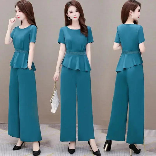 Simple Suit Loose Wide-leg Pants Round Neck Short-sleeved Shirt Two-piece Female Plus Size Slim Casual Women's Elegant Temperament