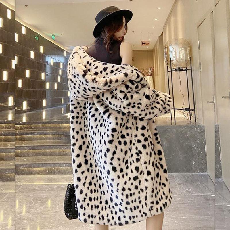 Faux Fur Jacket Winter Ladies Fashion Leopard Print Hooded Thick Warm Mid-length Fur Coat