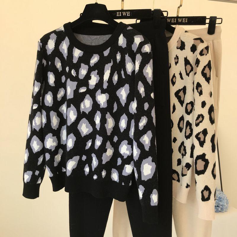 2pcs/set Women Knit Leopard Pullover Sweaters+Pants Sets Woman Fashion Jumpers Trousers 2 PCS Costumes Outfit