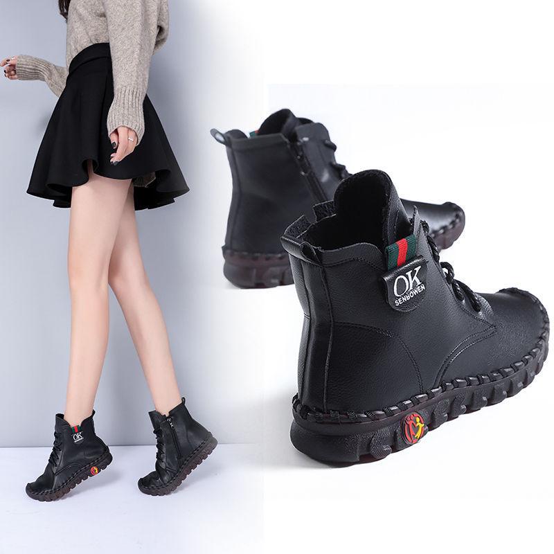 Genuine Leather Women's Boots Soft Bottom Flat Boots Women's Shoes Winter Plus Velvet Martin Boots