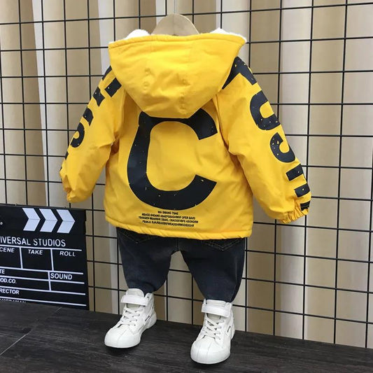 Boy's Padded Jacket Winter Clothes Baby Plus Fleece Coat Handsome Small Children's Jacket Trendy Cute Overcoming Hooded Down Jackets