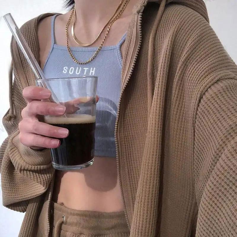 Retro Coffee-colored Hooded Sweater Women's Waffle Chain Jacket Ins Cardigan Personality Student Coffee-colored Sweater