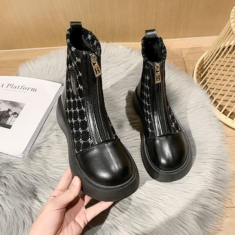 Motorcycle Boots Women Martin Boots Sponge Cake Thick-soled British Style Short Boots Women's Shoes Plus Velvet Winter Snow Boots Cotton Boots