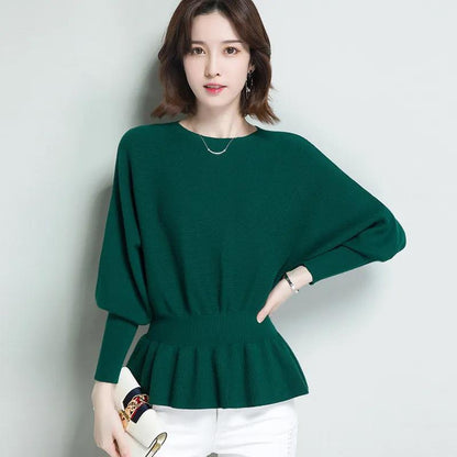 Spring and Autumn Sweater Women's Korean Style Loose Neck Undershirt Pullover Slim Knitted Bat Tops