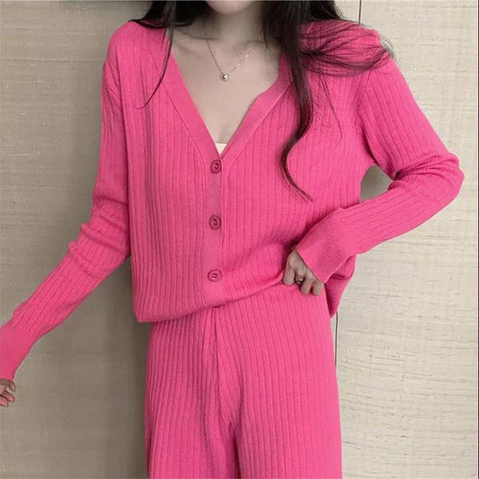 2021 Spring and Autumn Knitted Suit V-neck Cardigan Jacket + Casual Straight Wide Leg Pants Two-piece Female