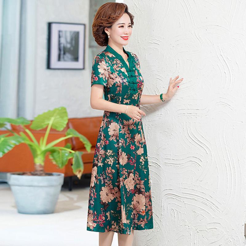 Mother Dress Floral Dress Summer Middle-aged and Elderly Women's Cheongsam Style Western Style Skirt Middle-aged Over-the-knee Long Skirt