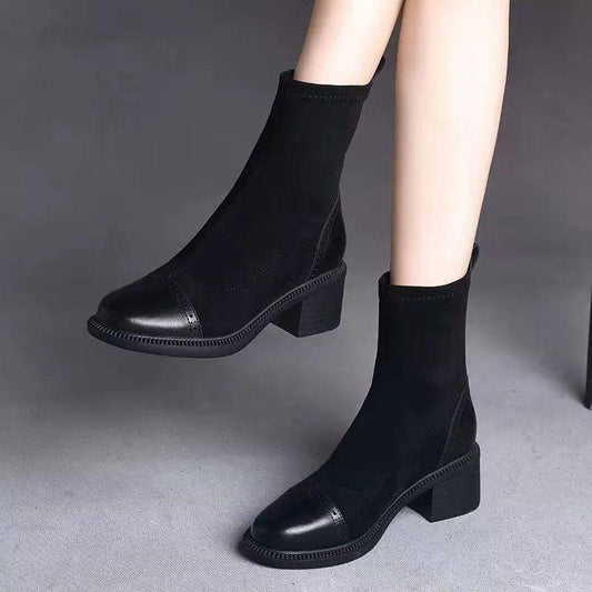 Stretch Boots Women's British Style Martin Boots Short Boots Women's Mid-tube Single Boots Motorcycle Boots Chelsea Boots