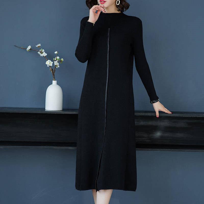 Autumn and Winter Knitted Long Dress Over The Knee Loose Clothes Large Size Base Skirt Pure Color Simple Female Sweater Dress